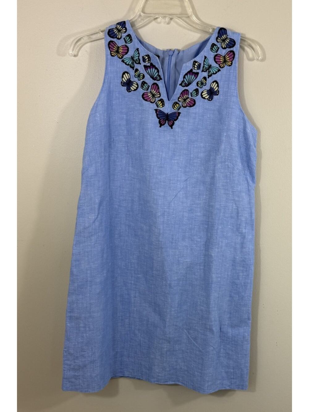 Talbots Butterfly Embroidered Linen Blend Shift Dress Womens Size 8P Blue Coast